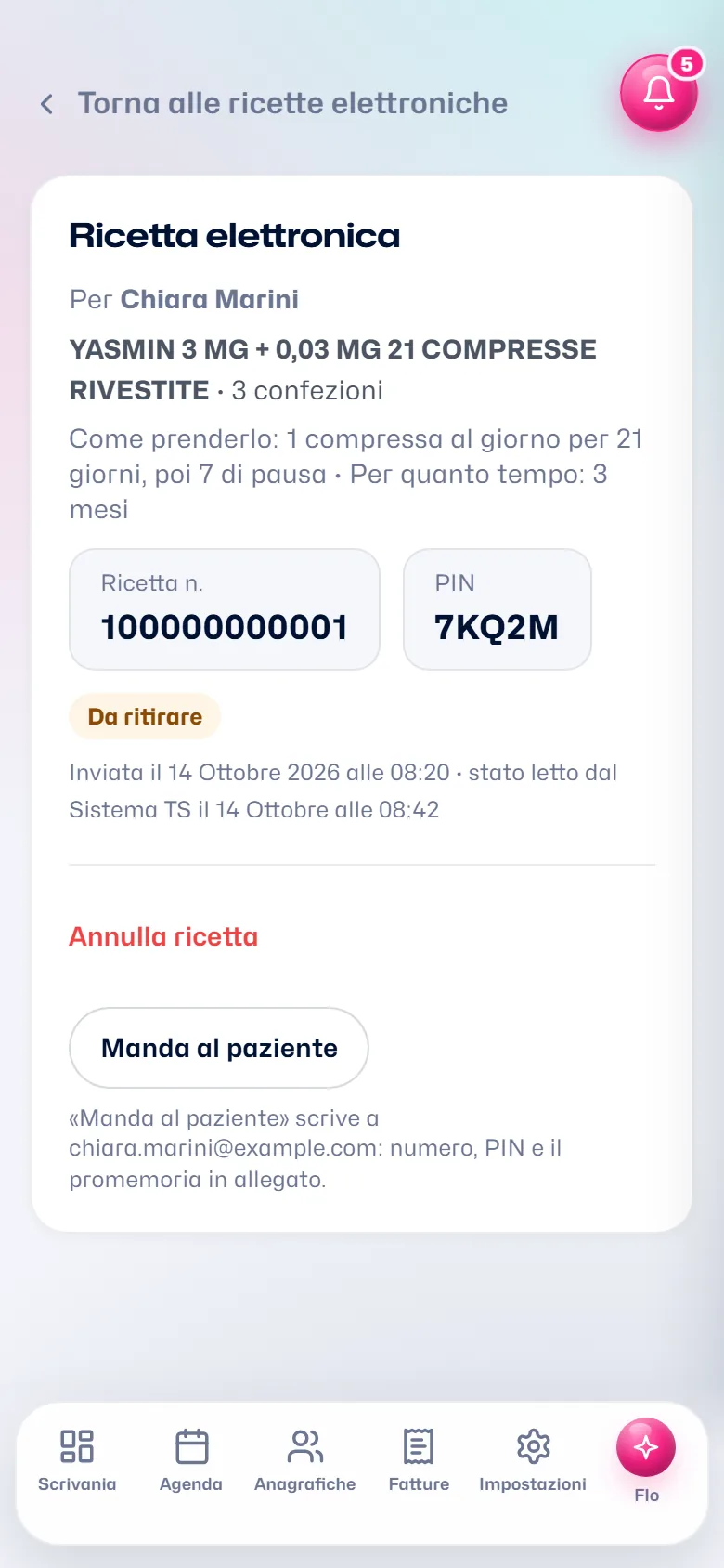 La ricetta inviata: numero di ricetta, PIN e stato Da ritirare, con il pulsante Manda al paziente (dati di esempio)