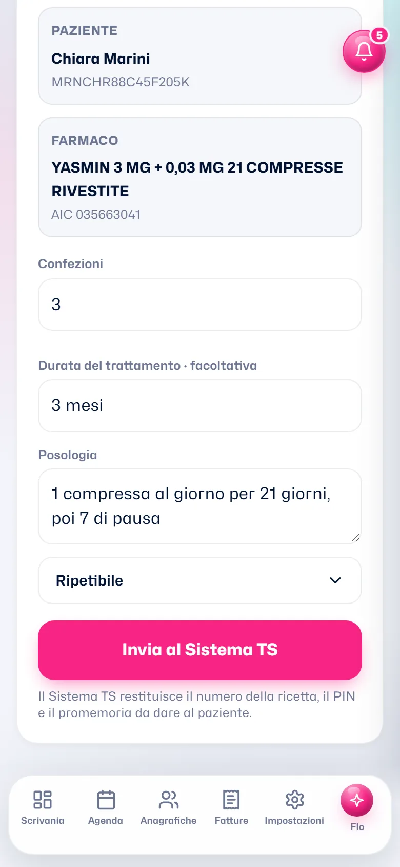 La ricetta della paziente Chiara Marini, Yasmin, tre confezioni per tre mesi, pronta con il pulsante Invia al Sistema TS (dati di esempio)