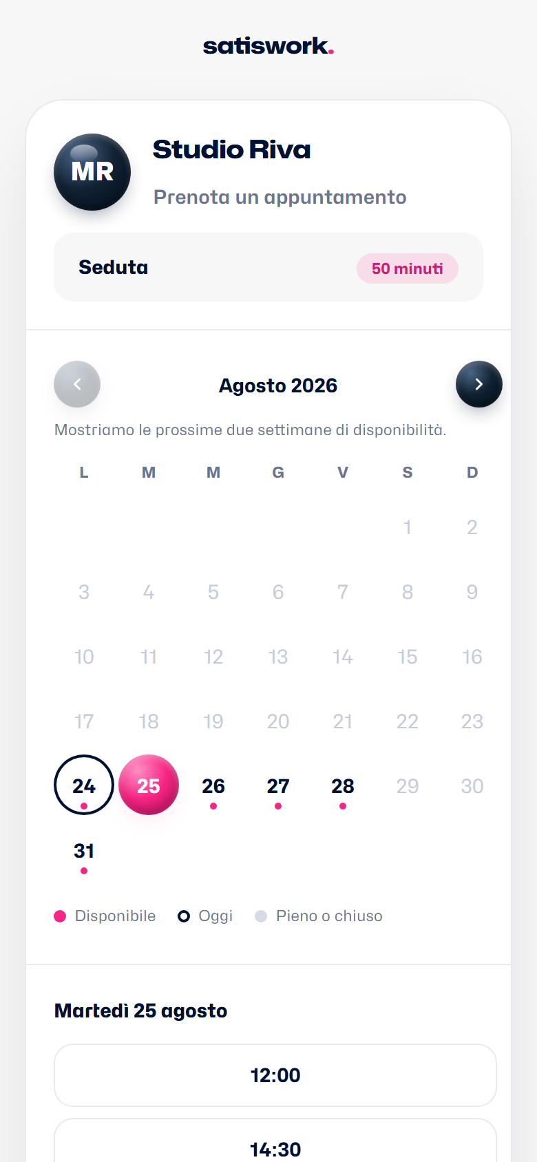 La pagina pubblica di prenotazione sul telefono
