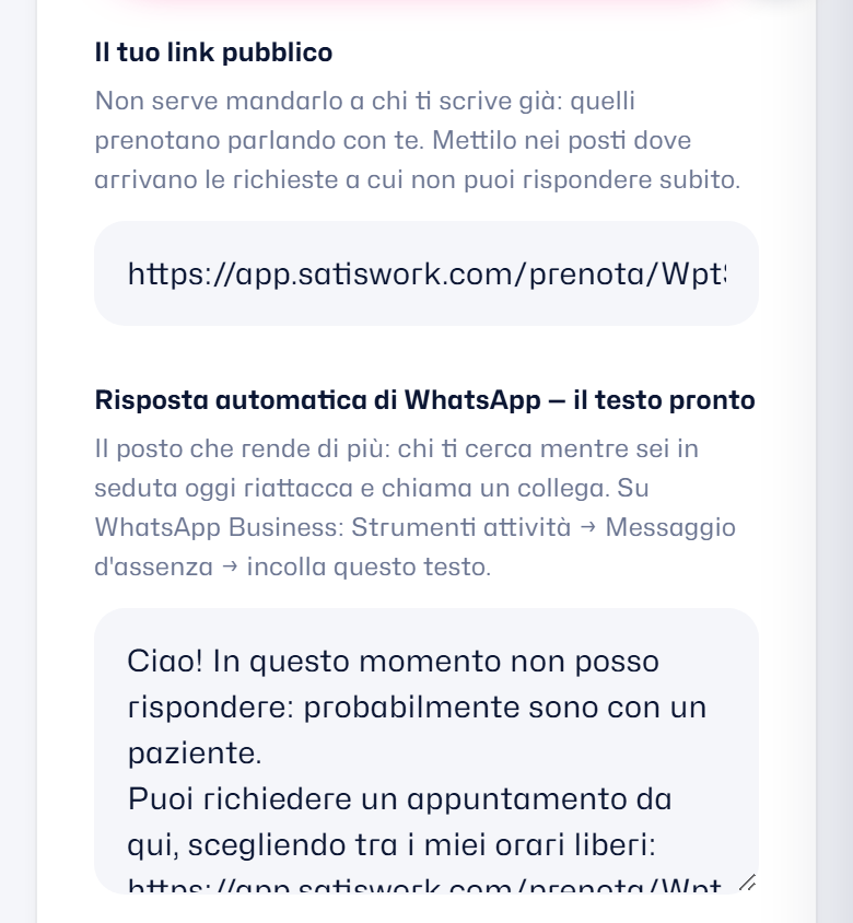 Le impostazioni della prenotazione online: il link pubblico e il testo pronto per la risposta automatica di WhatsApp
