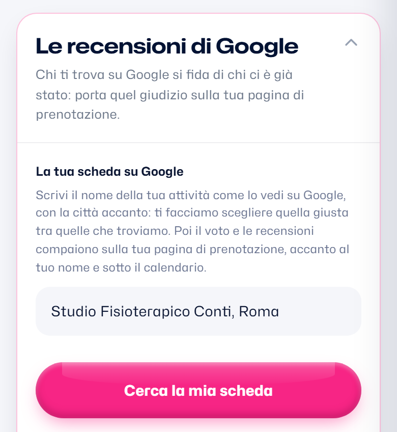 Le impostazioni delle recensioni di Google: il nome dello studio con la città e il pulsante Cerca la mia scheda