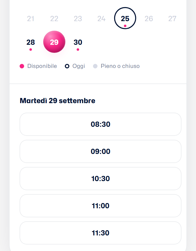 La prenotazione online: i giorni disponibili nel calendario e gli orari liberi del giorno scelto