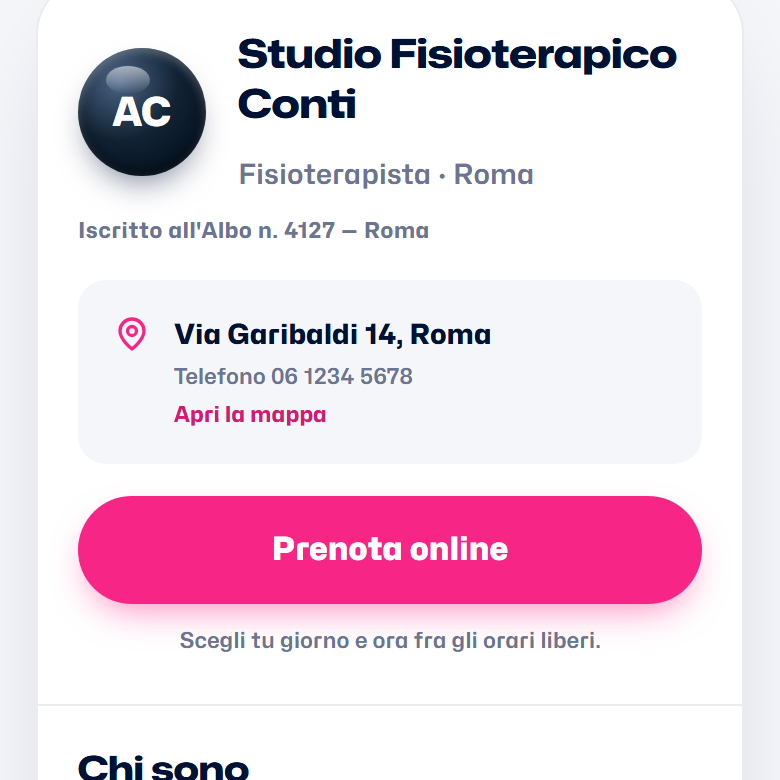 La pagina di presentazione di uno studio di fisioterapia: nome, città, numero d'Albo, indirizzo con la mappa e il pulsante Prenota online