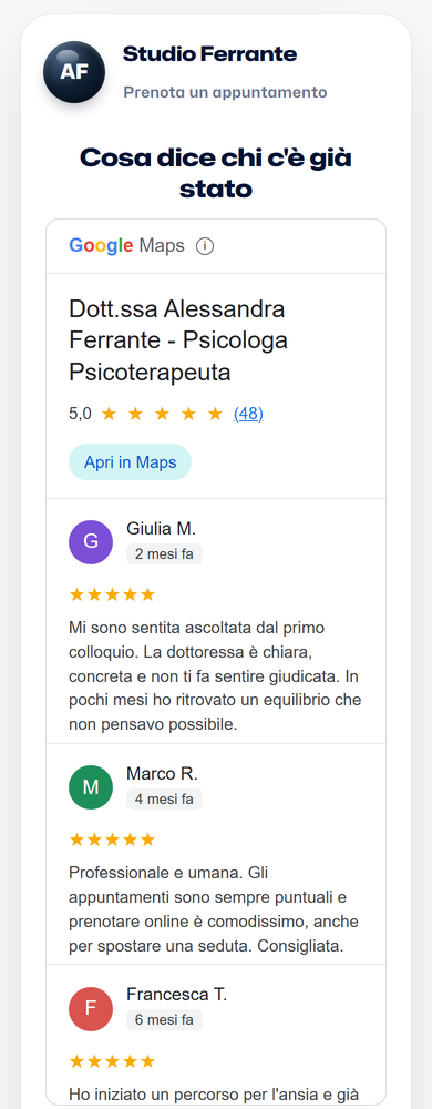 La pagina di prenotazione sul telefono con il riquadro di Google: il nome dello studio, le stelle, il voto e le recensioni (dati d'esempio)