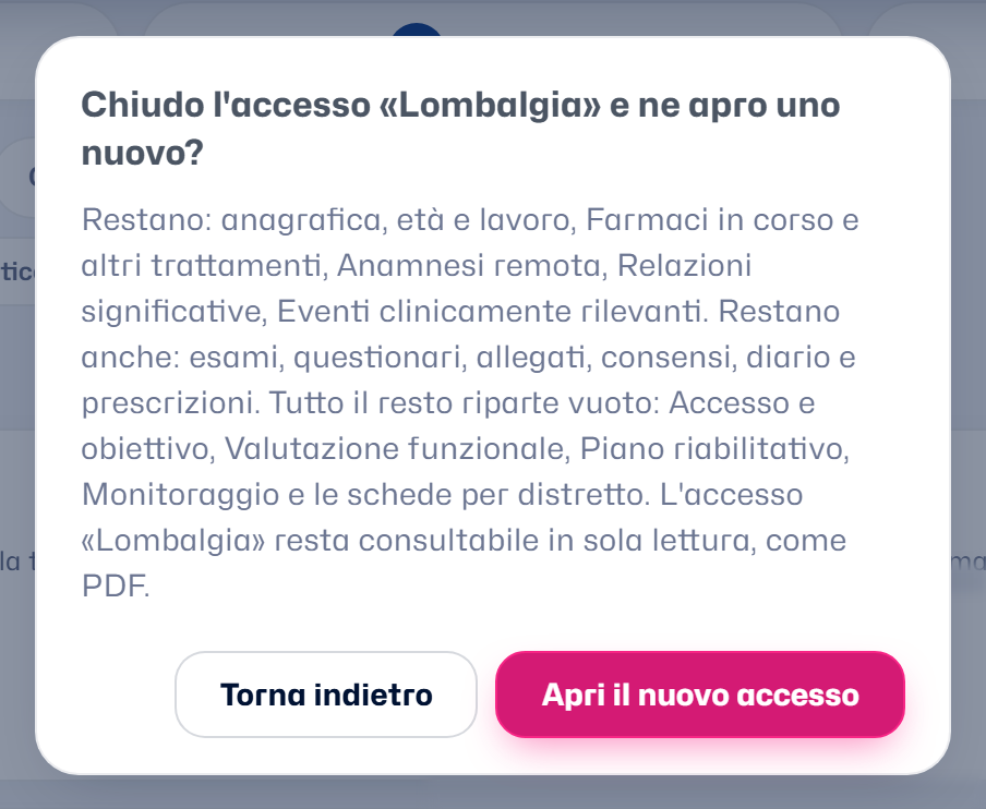 La conferma prima del nuovo accesso: cosa resta, cosa riparte vuoto, e che l'accesso di prima resta consultabile in sola lettura, come PDF (dati di esempio)