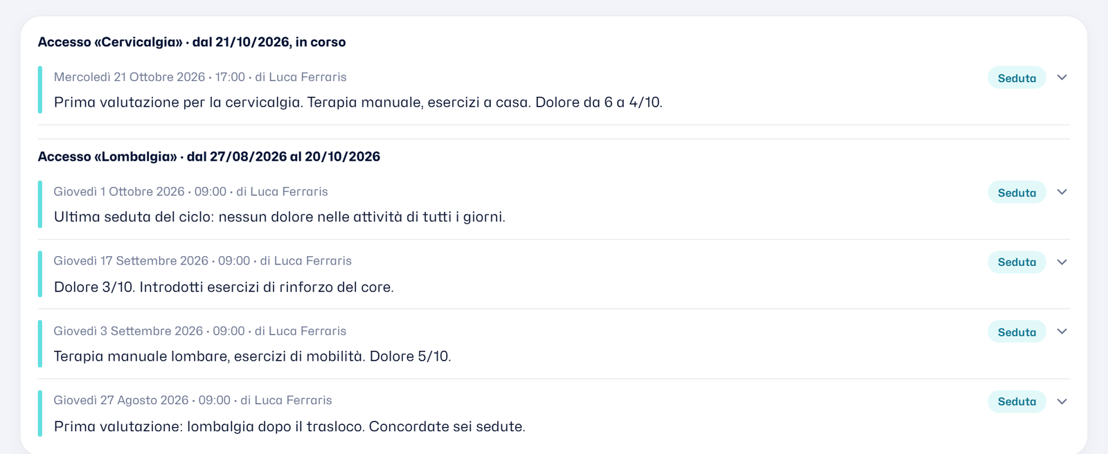 Il diario delle sedute diviso per accesso: «Cervicalgia», in corso, sopra, e «Lombalgia», chiuso, sotto (dati di esempio)