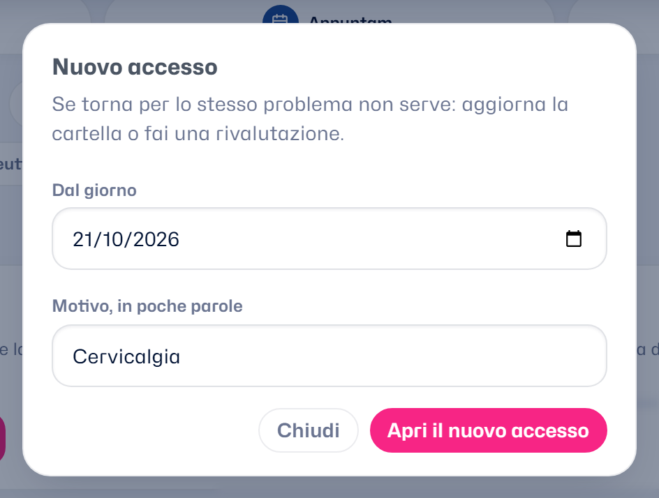 La finestra «Nuovo accesso»: il giorno, il motivo «Cervicalgia» e il pulsante «Apri il nuovo accesso» (dati di esempio)