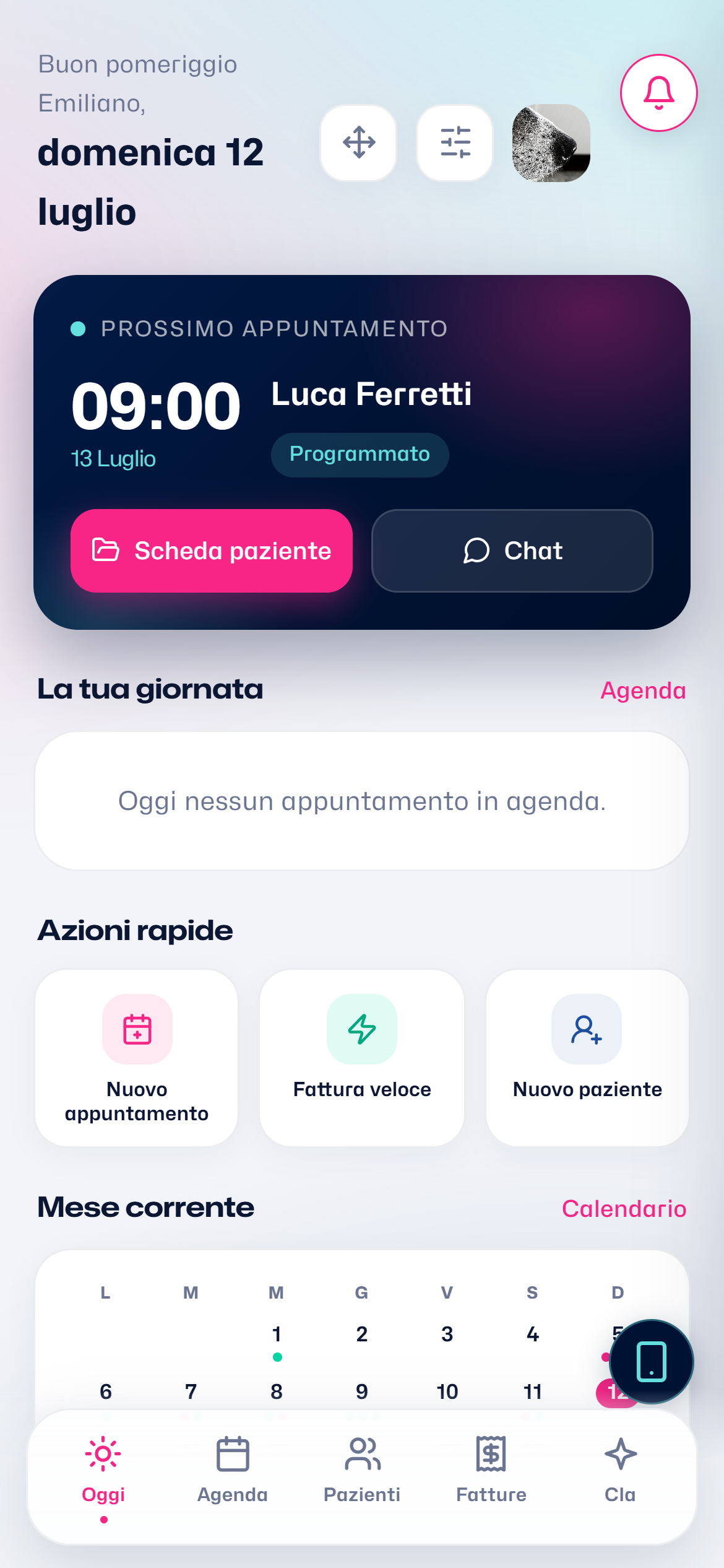 La pagina Oggi con prossimo appuntamento e widget