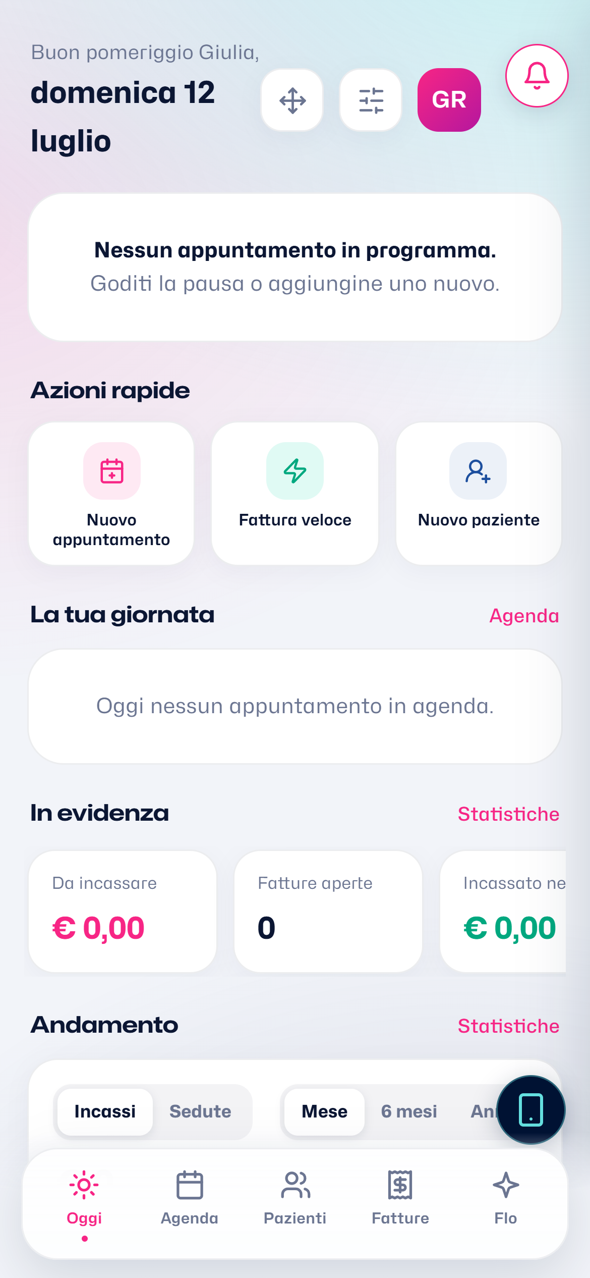 La pagina Oggi di un account appena creato