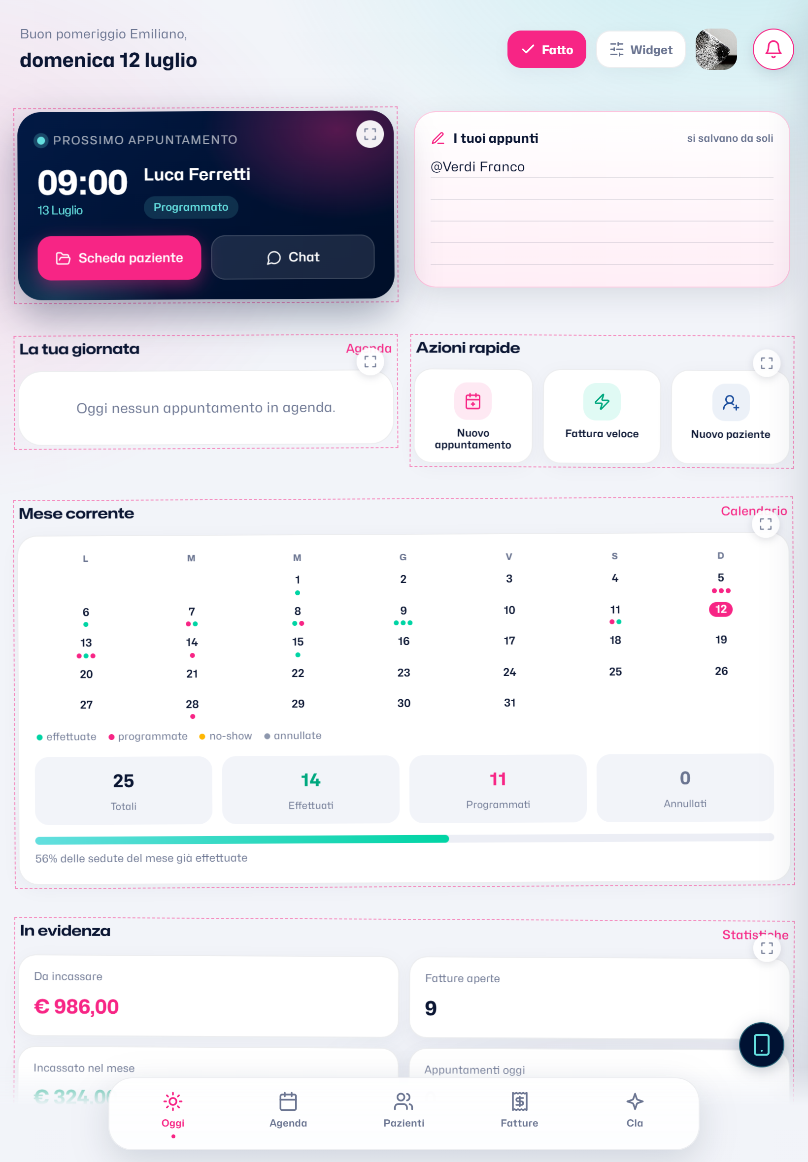La pagina Oggi in modalità riordino widget