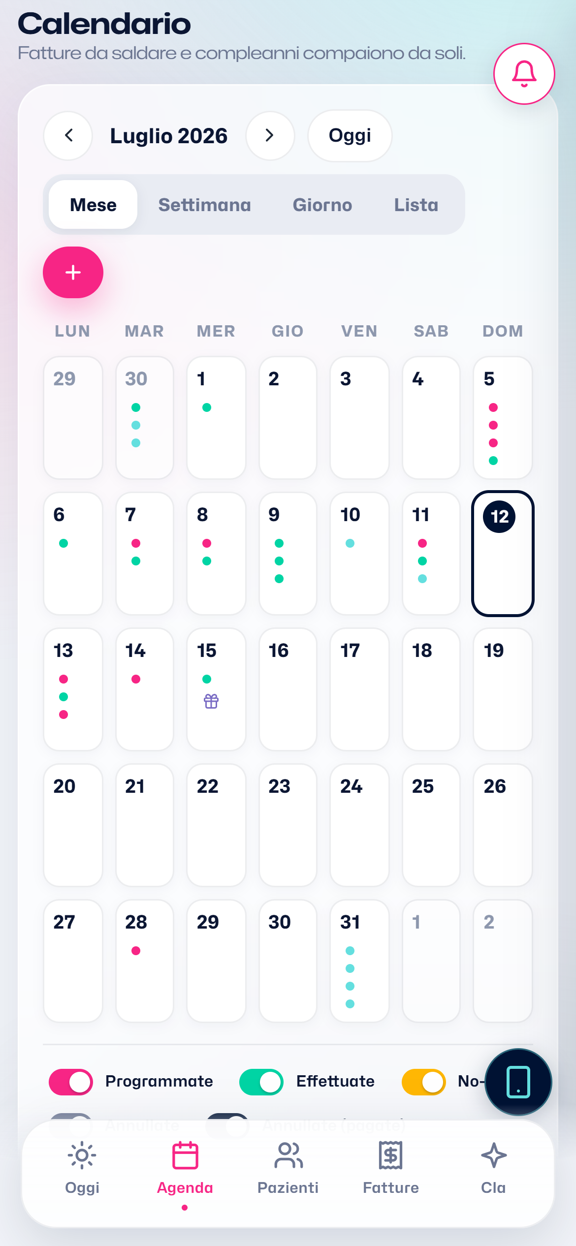 Il calendario in vista mensile con la legenda colori