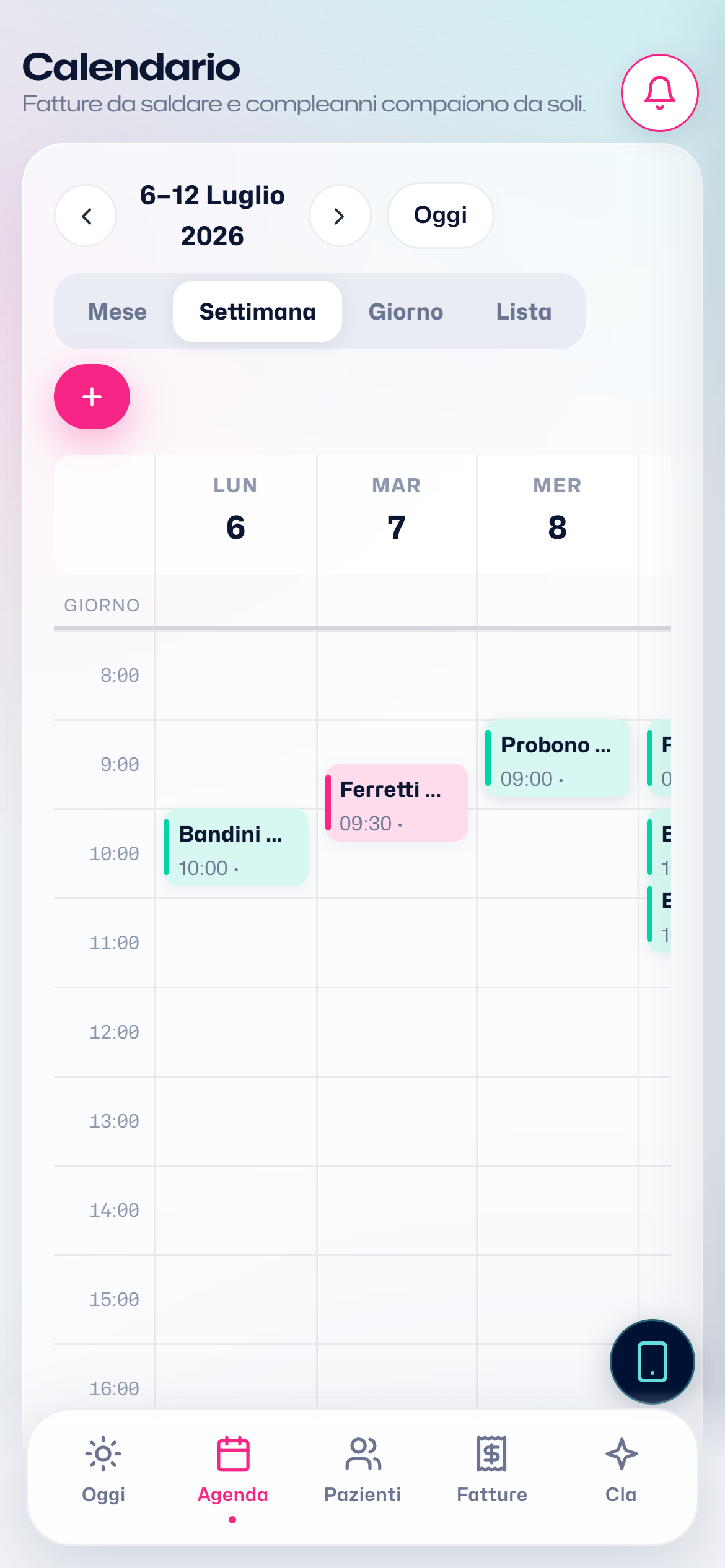 Il calendario in vista settimanale