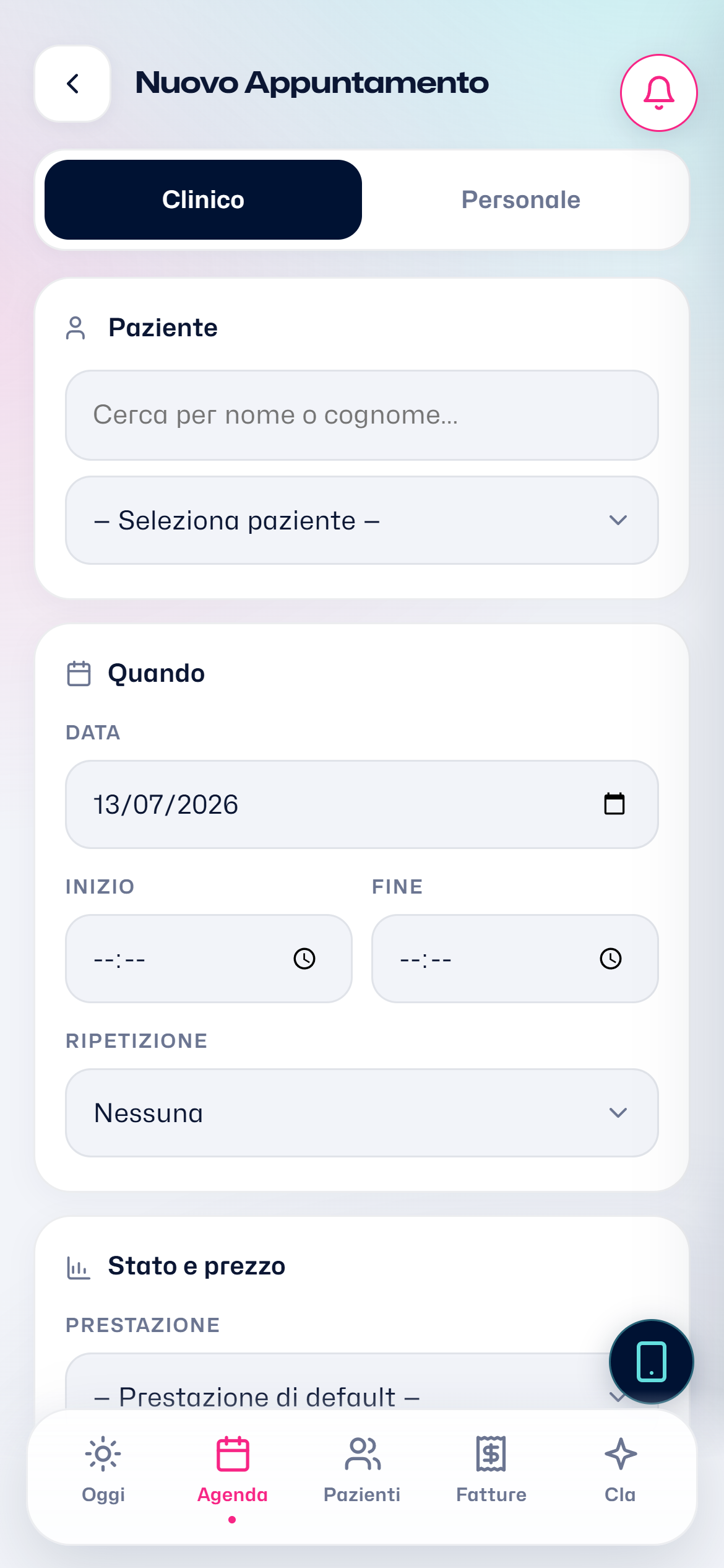 Il modulo di creazione di un nuovo appuntamento