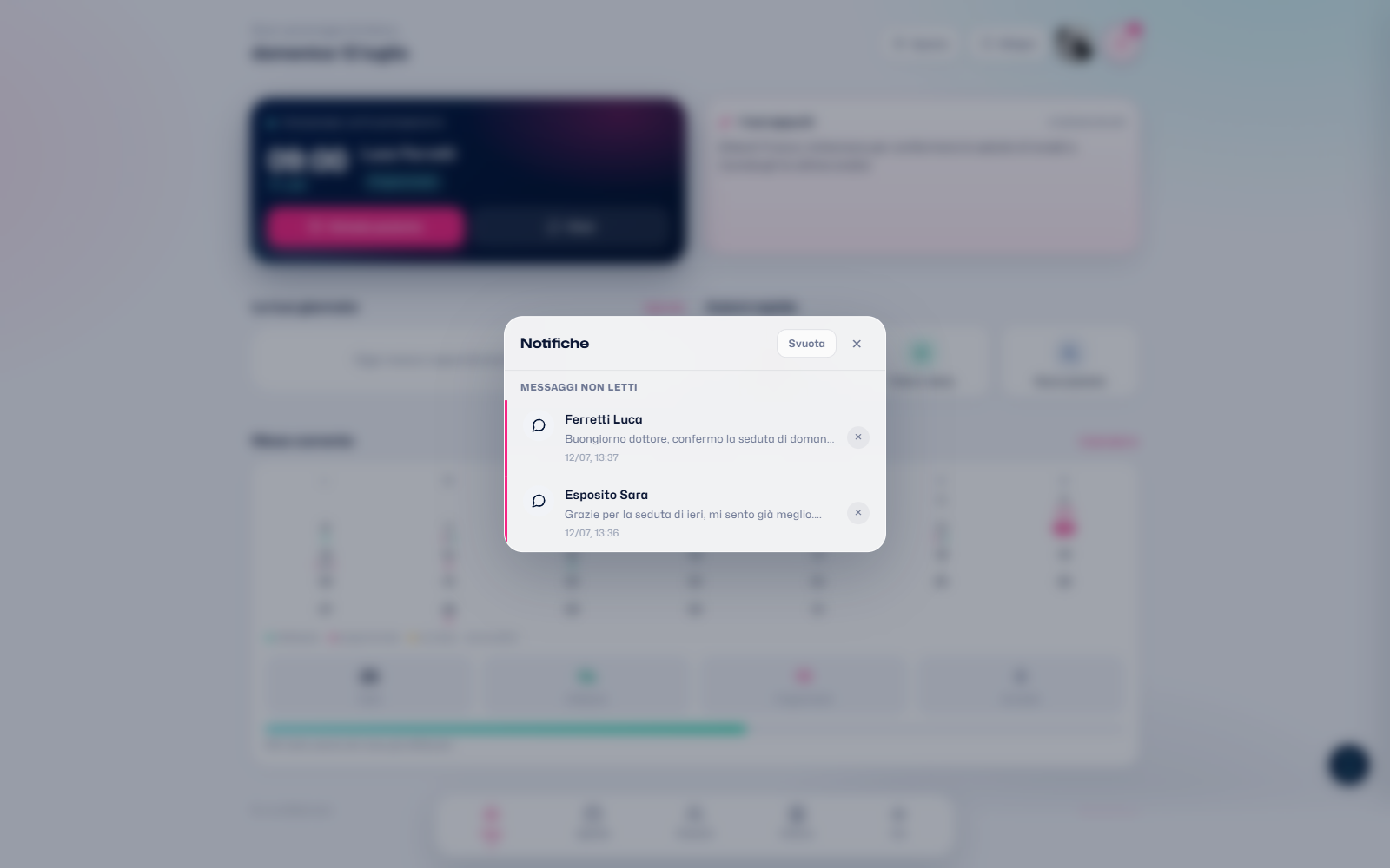 Pannello notifiche con i messaggi dei pazienti