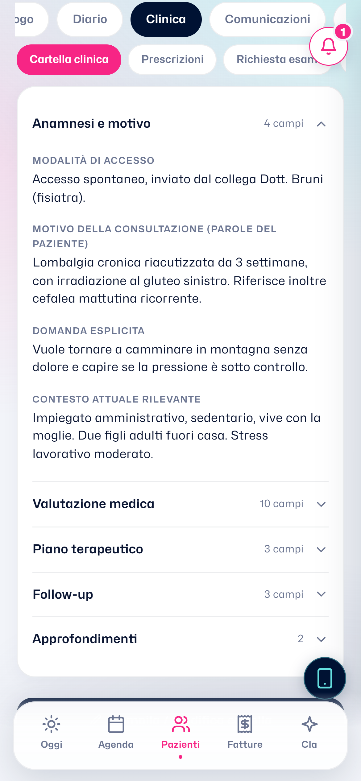 La cartella clinica configurata sulla professione