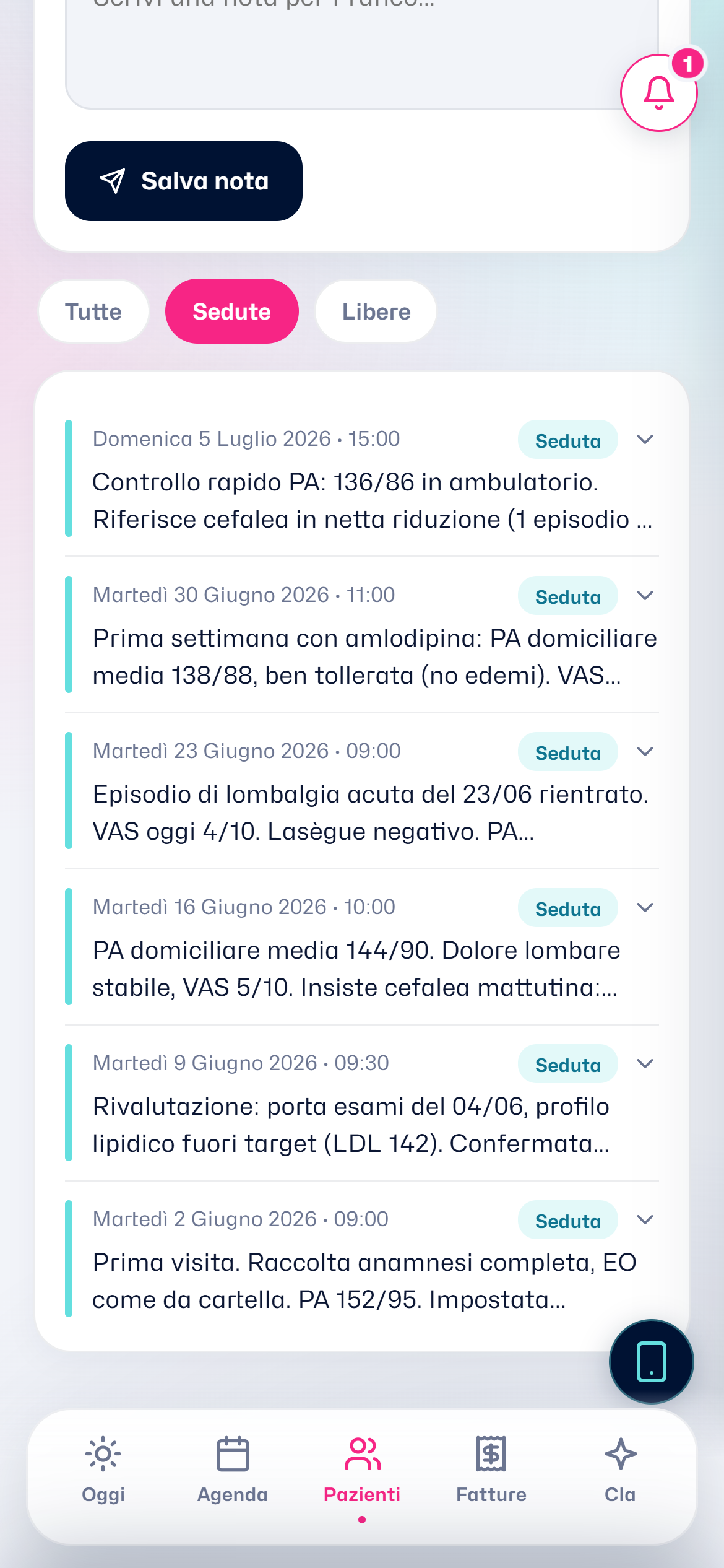 Il diario clinico con le note in ordine cronologico