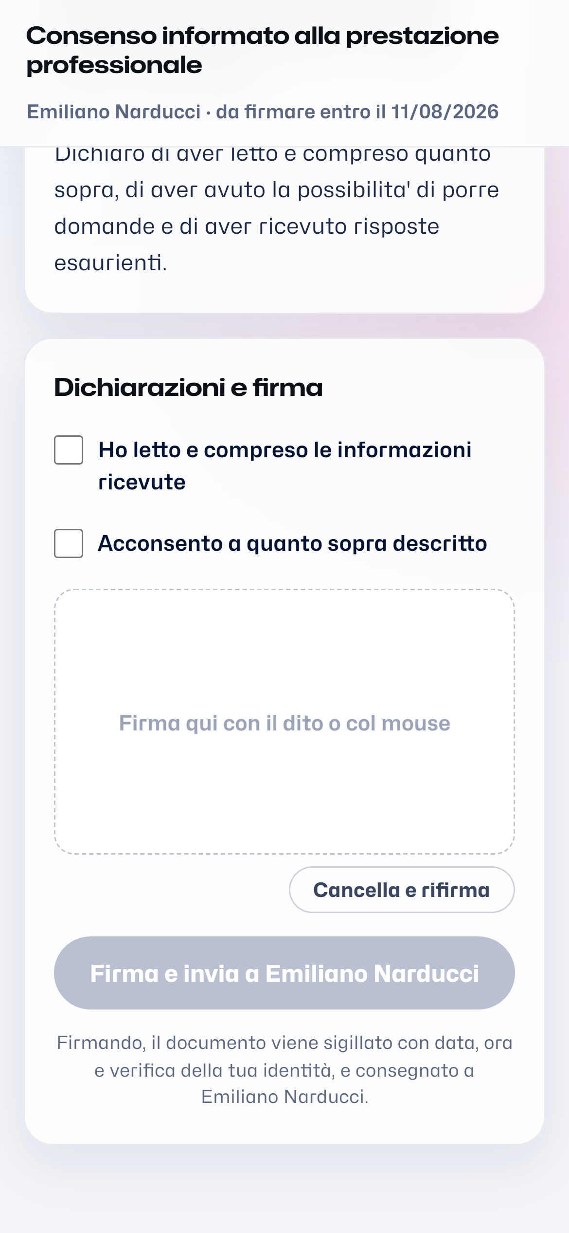 La firma digitale del consenso dal dispositivo del paziente