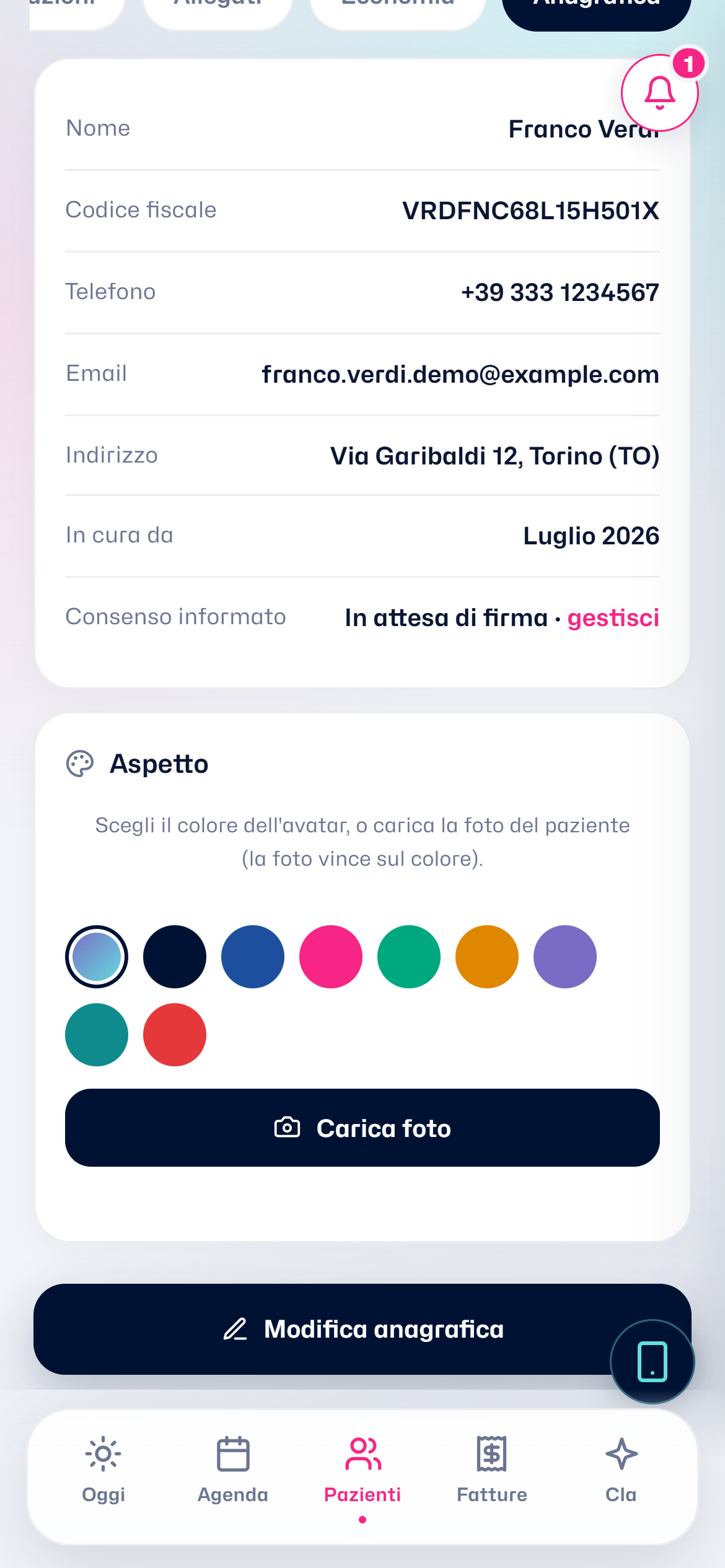 La personalizzazione del profilo del paziente con colore o foto