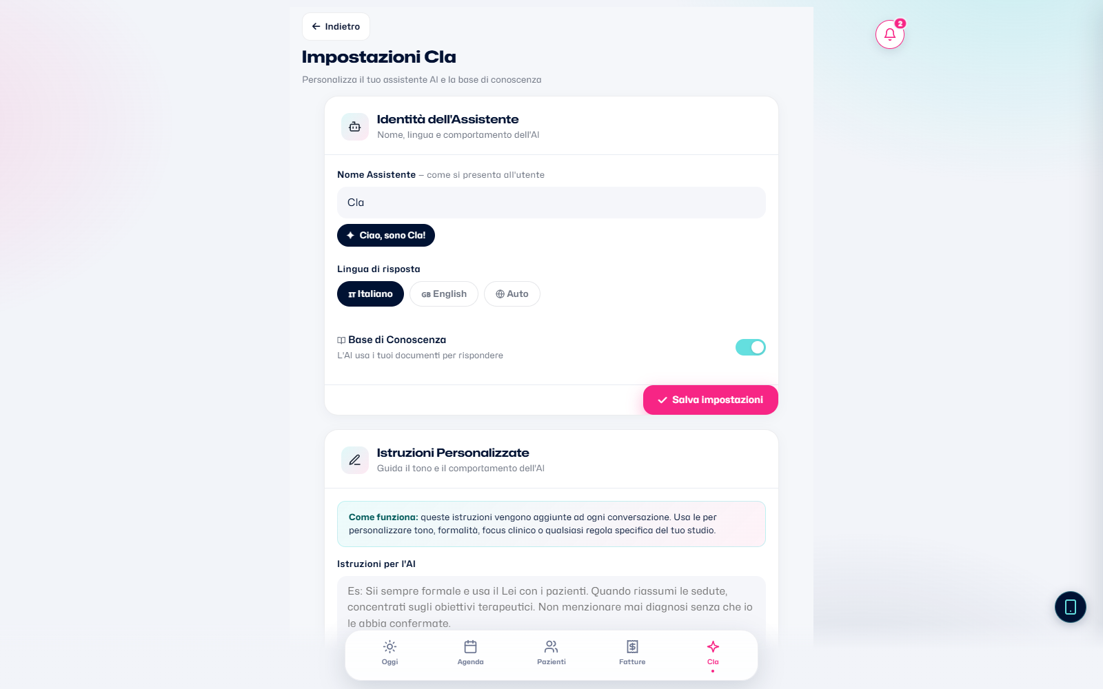 Impostazioni dell'assistente AI: nome, lingua e istruzioni personalizzate