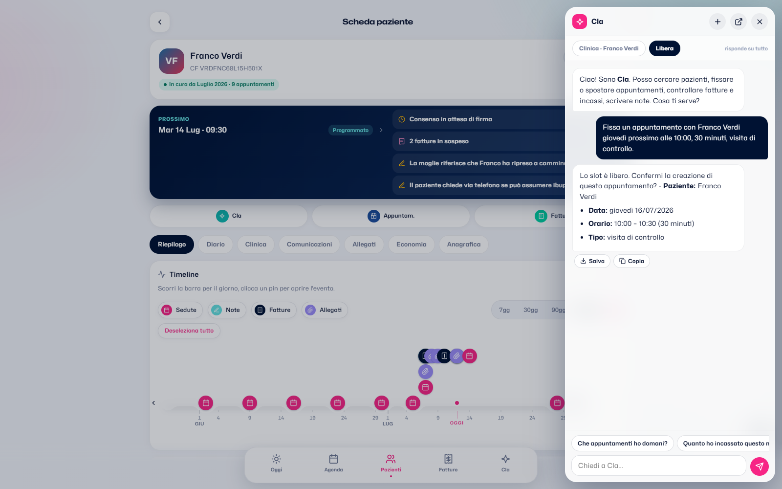 L'assistente AI propone un appuntamento e attende la conferma del professionista