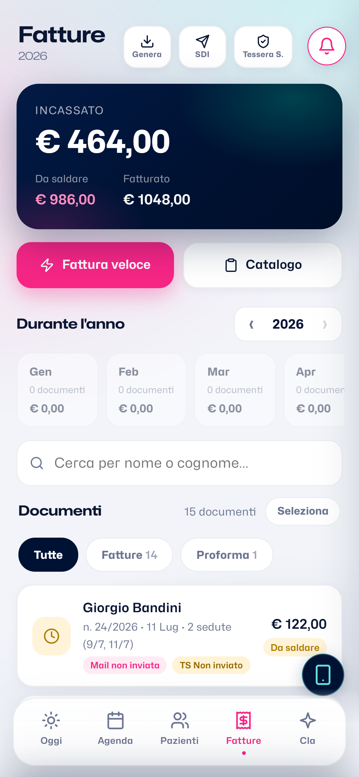 L'elenco fatture con la sintesi in alto
