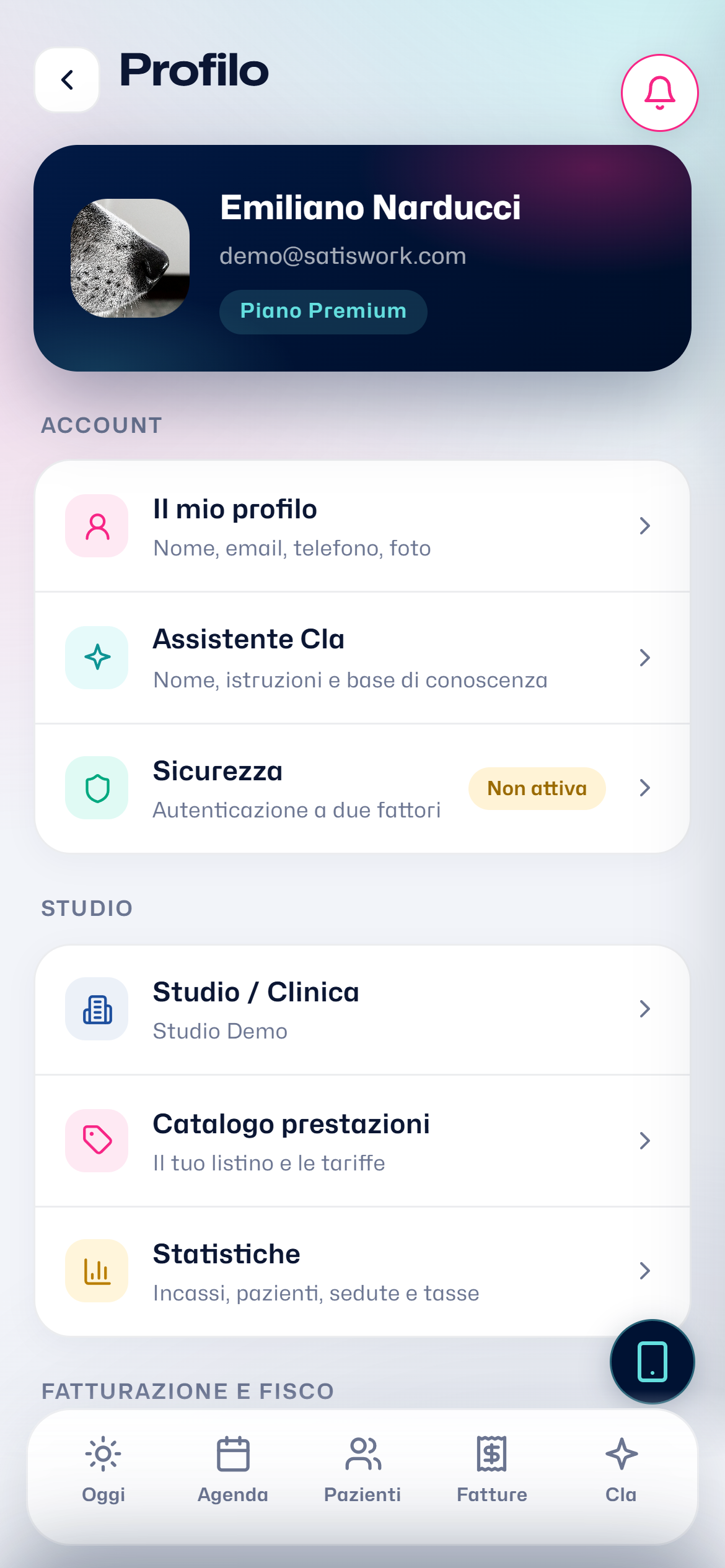 Le impostazioni dello studio raccolte in un'unica sezione