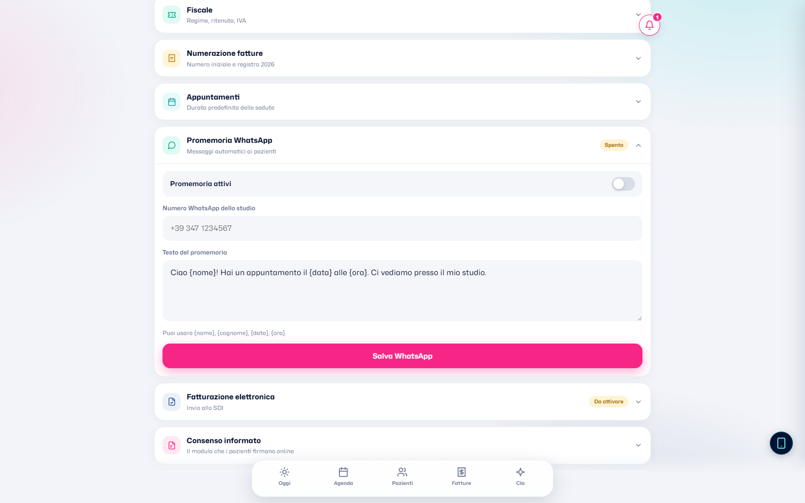 Configurazione dei promemoria WhatsApp